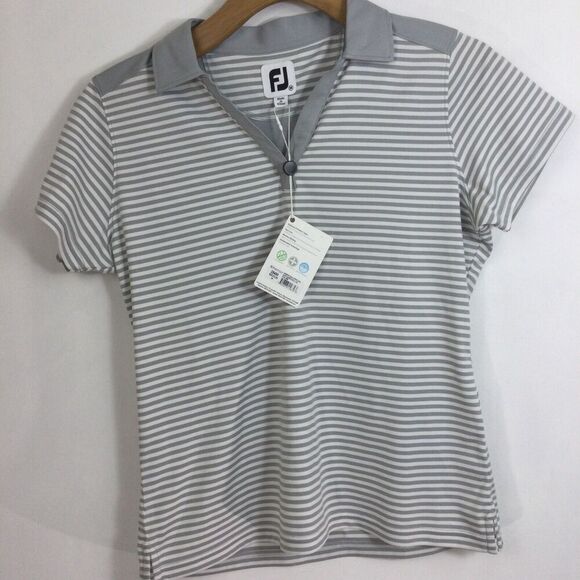 Footjoy Womens Tonal Stripe Lisle Open Collar Polo Golf Shirt Heather Grey M NWT - Picture 11 of 11